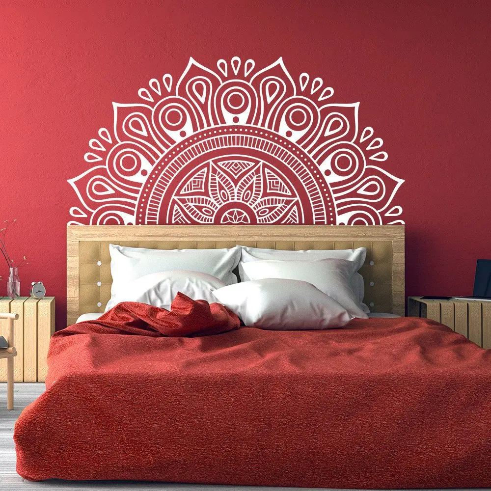 Pegatina de pared para cabecero de medio Mandala, calcomanías de decoración Zen de flor de loto, vinilo para dormitorio, Yoga, estilo bohemio, G193