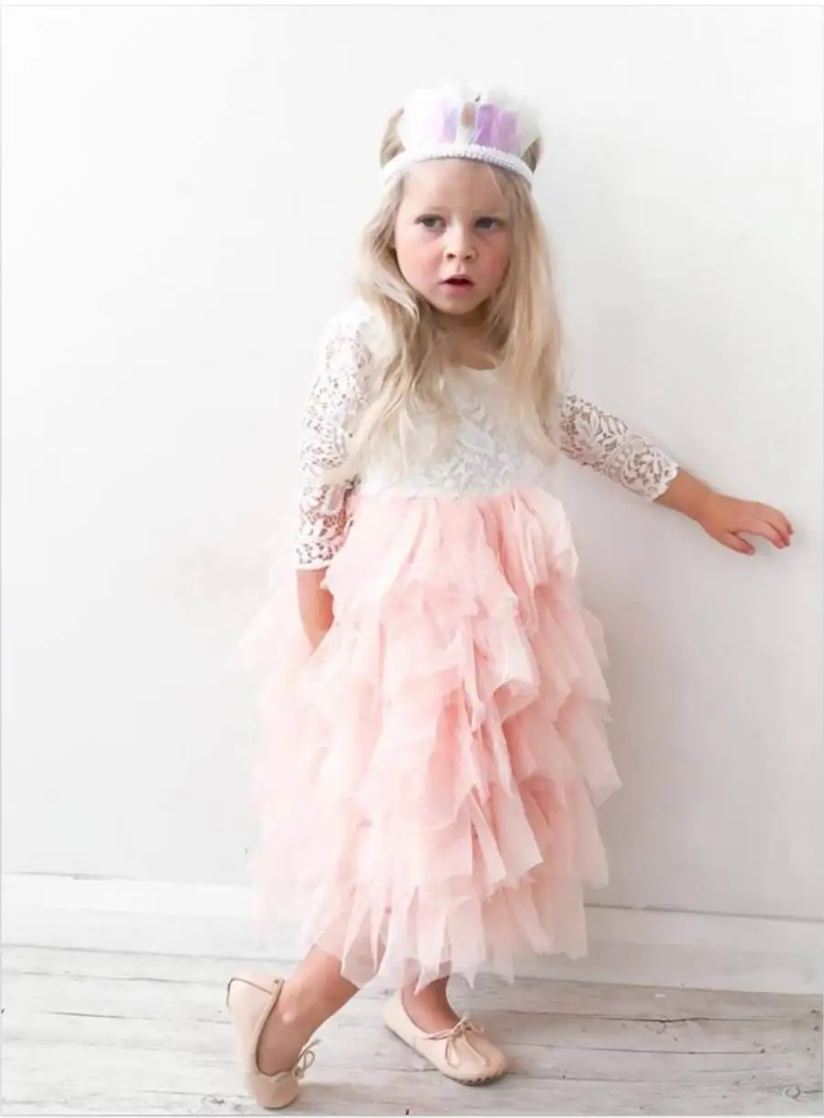 2017 осеннее новое платье принцессы с цветочным узором для девочек кружевное