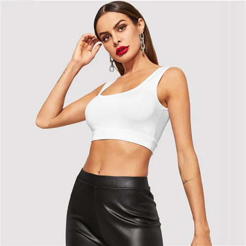 Белый Solid Crop Tank Top, топ для фитнеса с глубоким вырезом, одежда для активного отдыха, обтягивающий спортивный бюстгальтер, летний модный женский топ для тренировок, белый укороченный топ - Цвет: Белый
