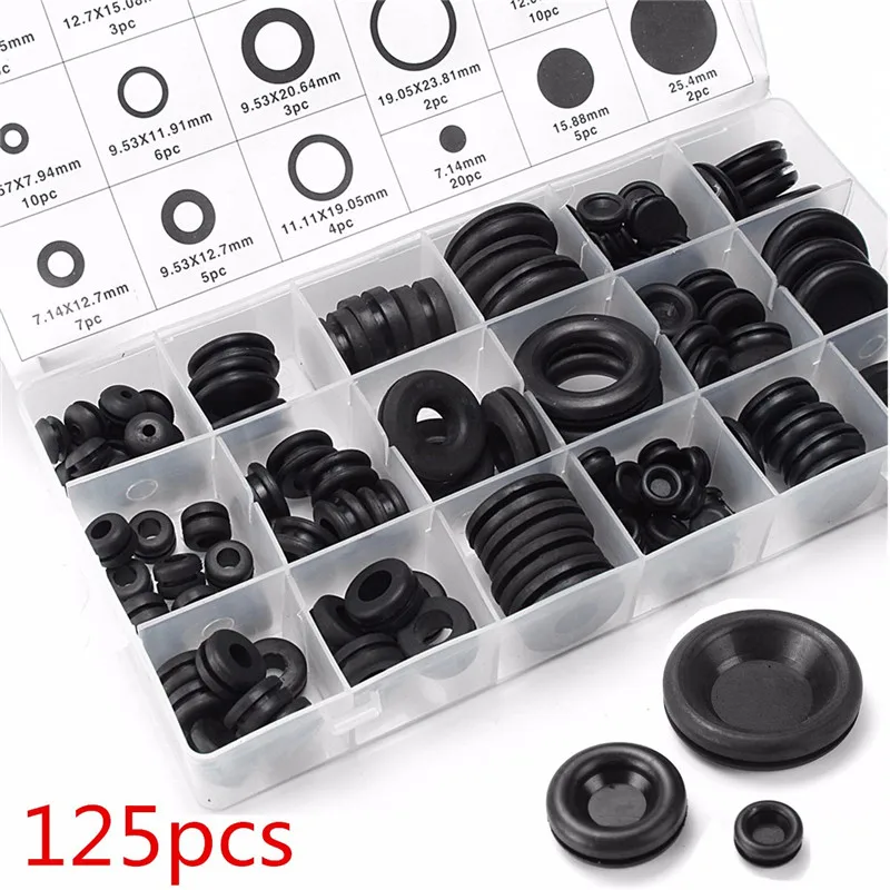 

125pcs Grommet Sets Various Sizes Rubber Grommet Open/closed Blind With Plastic Box Good Sealing Effect Anti-aging