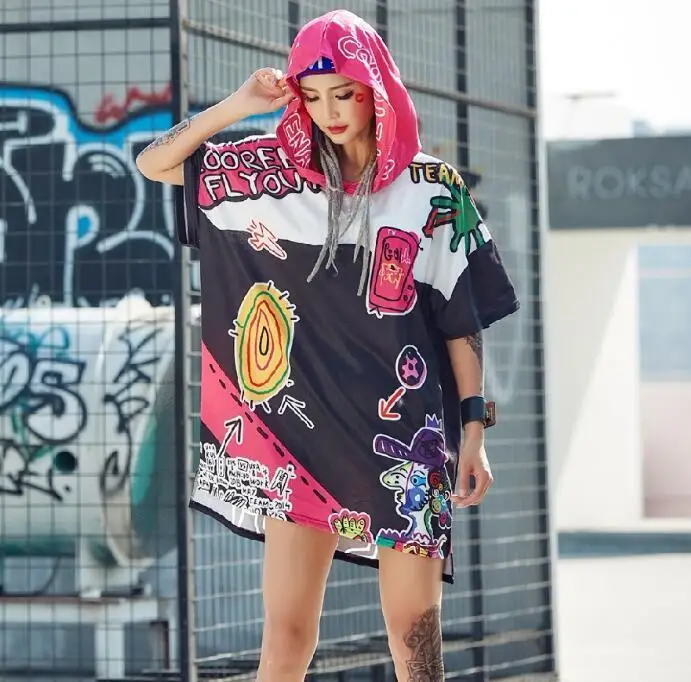 823210 Большой веселое Harajuku с принтом длинные футболки для Для женщин летний топ короткий рукав с капюшоном футболки Для женщин топы в стиле хип-хоп V413 - Цвет: 823210