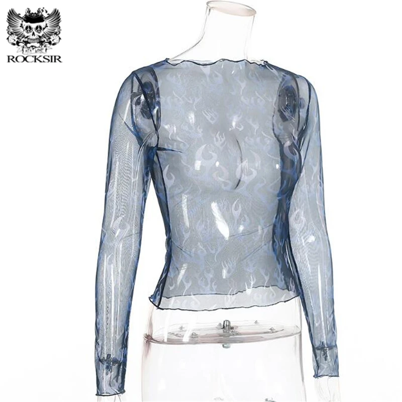 Rocksir 2018 Сексуальная сетчатая женская футболка с голубым пламенем летние