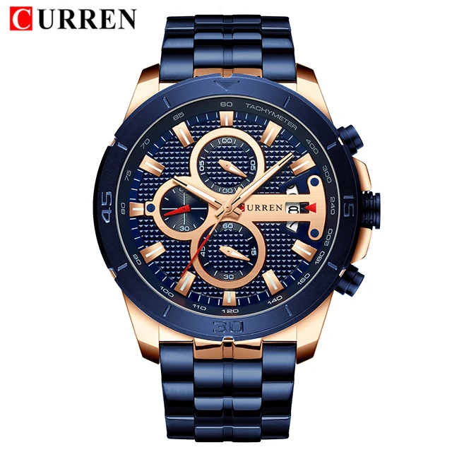rose gold blue Часы для мужчин CURREN люксовый бренд хронограф армейские военные мужские наручные часы из нержавеющей стали спортивные часы мужские Relogio Masculino - Цвет: rose gold blue