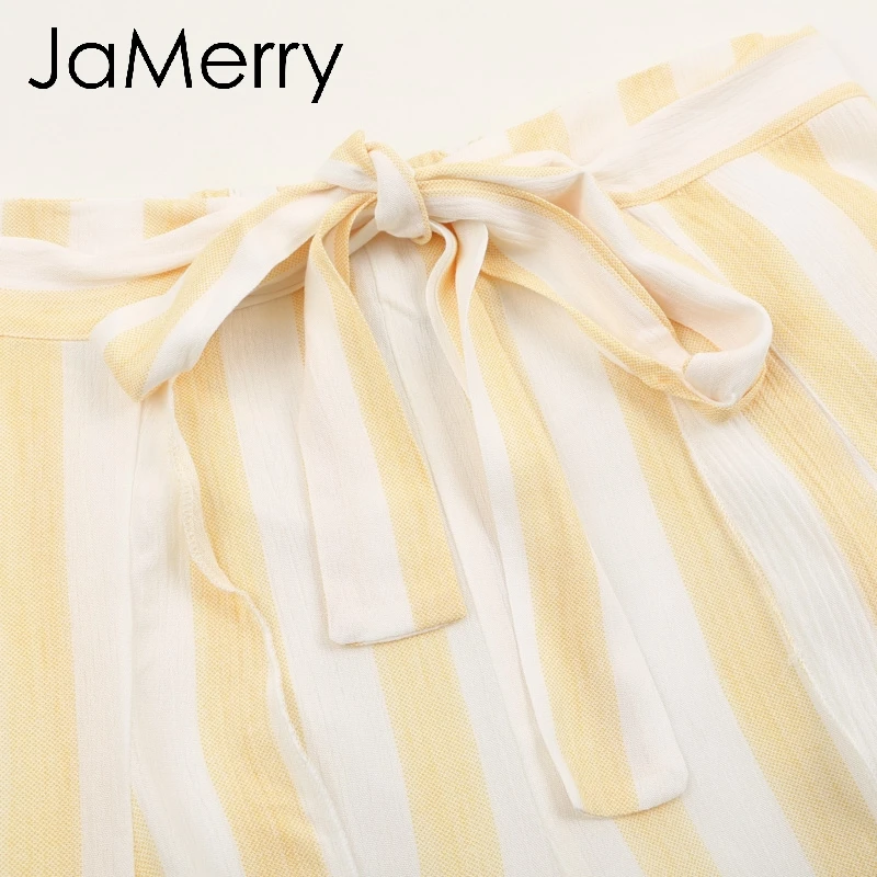 JaMerry Boho Сексуальная полоса широкие брюки для женщин Нижняя Sash ruffle штаны с