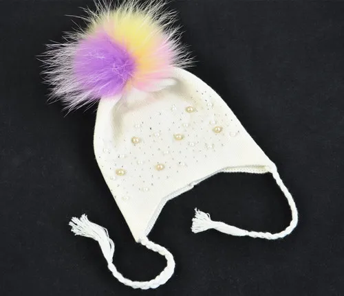 White color fur Детская меховая шапка с помпонами, зимняя теплая, настоящий большой меховой шарик, шапка с тесьмой, Детская эластичная вязаная шапочка, шапки для мальчиков и девочек - Цвет: White color fur