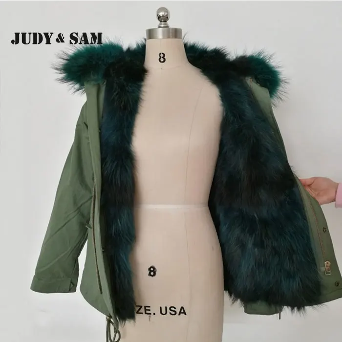 Теплые зимние Армейский зеленый Мех животных парка с реальным енота капюшон