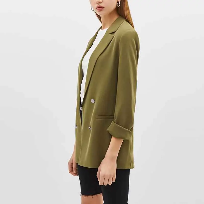 

Klacwaya women fashion ArmyGreen blazer suit 2019 office ladies double breasted blazers jackets girls casual long sleeve suits