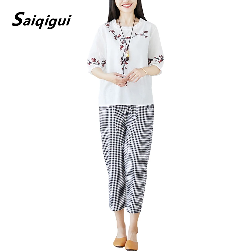 Saiqigui 2019 spring summer Women Sets Casual loose Cotton Linen two piece set T-shirt + Ankle-Length Pants conjuntos mujer | Женская
