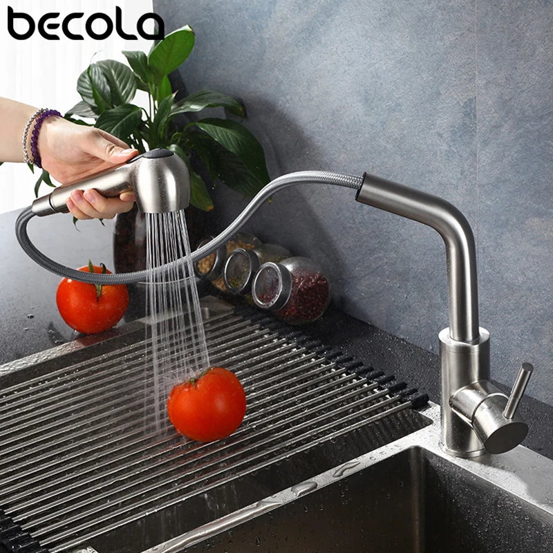 BECOLA Кухня кран выдвижной смеситель Кухня раковина смеситель из нержавеющей стали Одиночная Вращающаяся ручка Носик сосуд раковина смеситель
