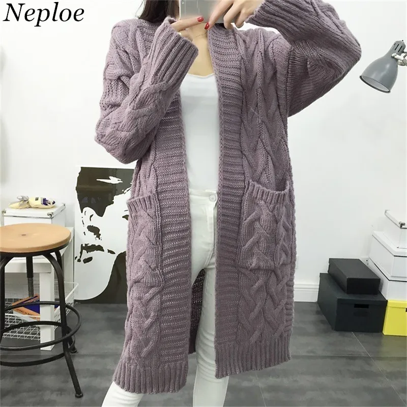 Neploe Loose Sweater Women Outwear Solid Pockets Long Sueter Mujer Cardigan Korean V-neck Sleeve Thick Chaqueta 68144 |
