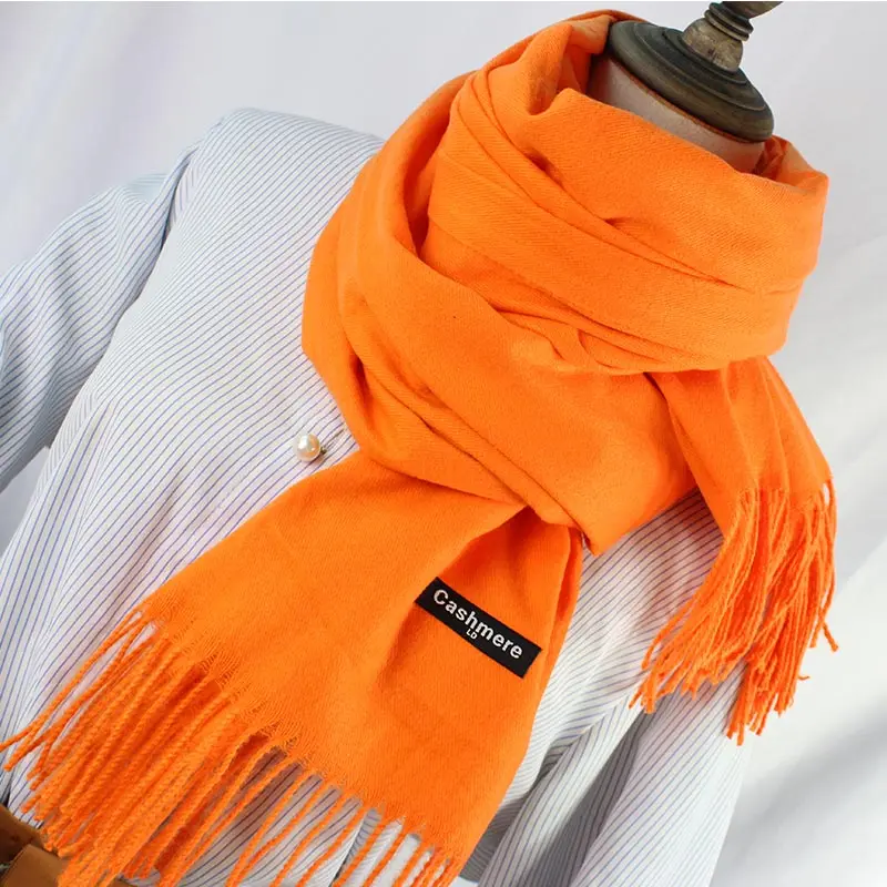 Orange-yellow Женские шарфы, сплошной цвет, кашемировый шарф, палантин с кисточками, женский зимний толстый теплый шарф, высокое качество, Женская шаль, накидка, шейный платок - Цвет: Orange-yellow
