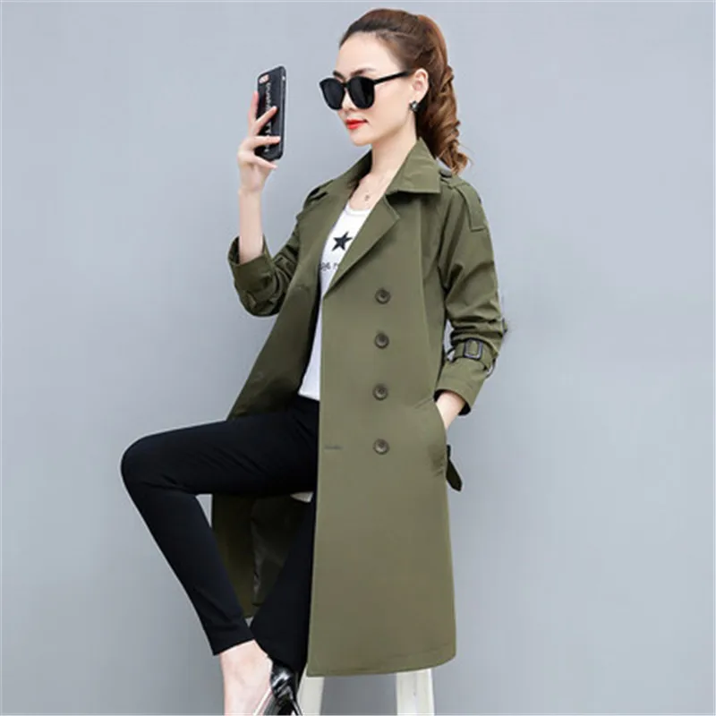 

Spring big size women's long windbreaker jacket 2019 new spring and autumn long-sleeved khaki double-breasted ladies windbreaker