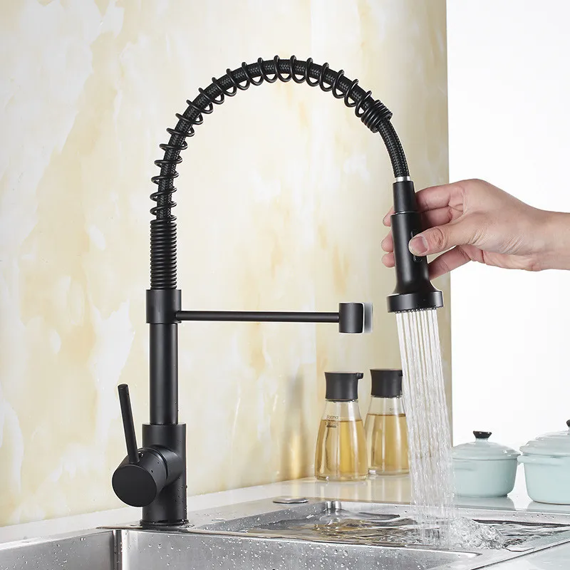 

Kitchen Sink Faucets Pull Out/Down black Kitchen Brass Sink Mixer Tap With Spring Hose Single Handle Hot and Cold Kitchen Crane