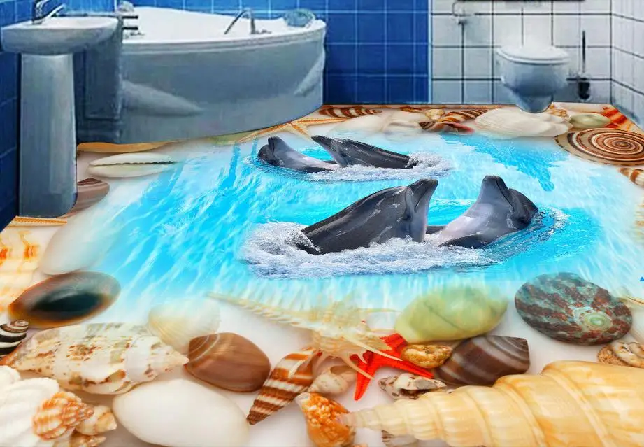 Пользовательские 3d полы пляжная оболочка обои с дельфинами пол живопись