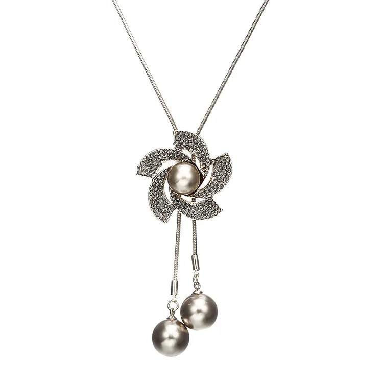 Elegant Simulated-Pearl Long Necklace Women Bijoux Fashion Jewelry Crystal Flower Sweater Necklaces &amp Pendants | Украшения и