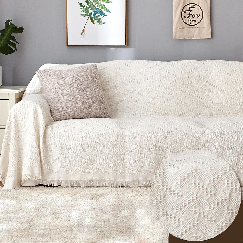 Бежевое покрывало для дивана противоскользящее Мягкое хлопковое антиклеевое