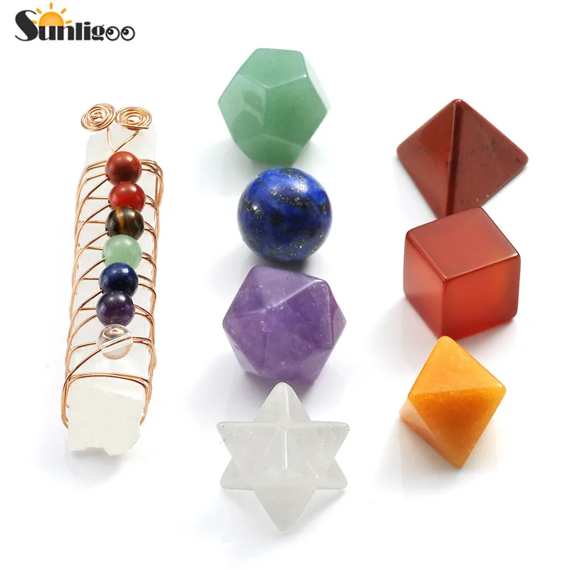 Set 17 Sunligoo новейший целебный 7 ЧАКРА КРИСТАЛЛ Plantonic Твердые геометрии+ селенитовые палочки полировка обрушенный камень набор украшения - Цвет: Set 17