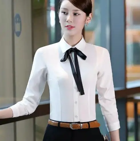 Женская классическая офисная рубашка элегантная белая блузка на пуговицах с