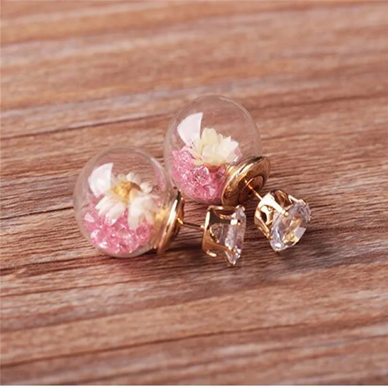 Charm Women Elegant Dried Flower Rhinestone Ball Ear Studs Earrings Gift Pink Purple Blue Floating Earring For | Украшения и