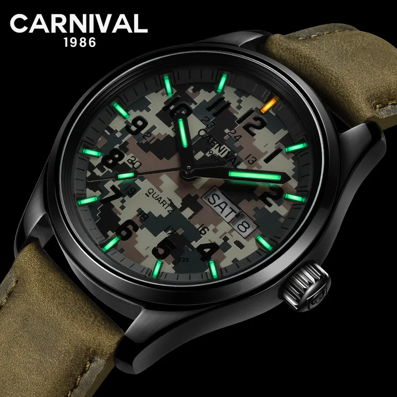 Часы Carnival T25 Tritium светящиеся кварцевые часы для мужчин спортивные военные