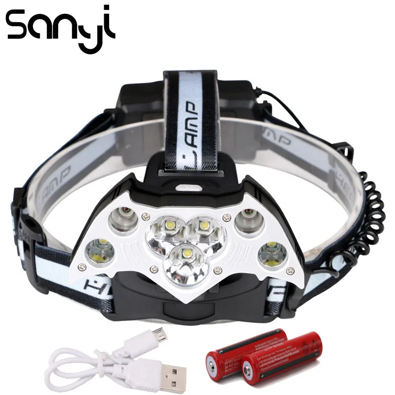 

SANYI 3 * T6 + 2 * XPE Фара 5 режимов фонарик лоб USB перезаряжаемый аккумулятор 18650 фонарь для кемпинга портативный фонарь