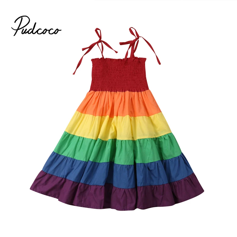 Rainbow Strap От 2 до 7 лет пышные вечерние летнее платье для маленьких принцесс с радугой - Цвет: Rainbow Strap