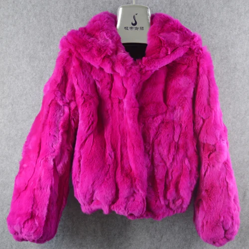 rose red Новинка, модная зимняя куртка из натурального меха Рекс, меховая женская Милая шуба из кролика Рекс, натуральный мех кролика Рекс, пальто с капюшоном - Цвет: rose red