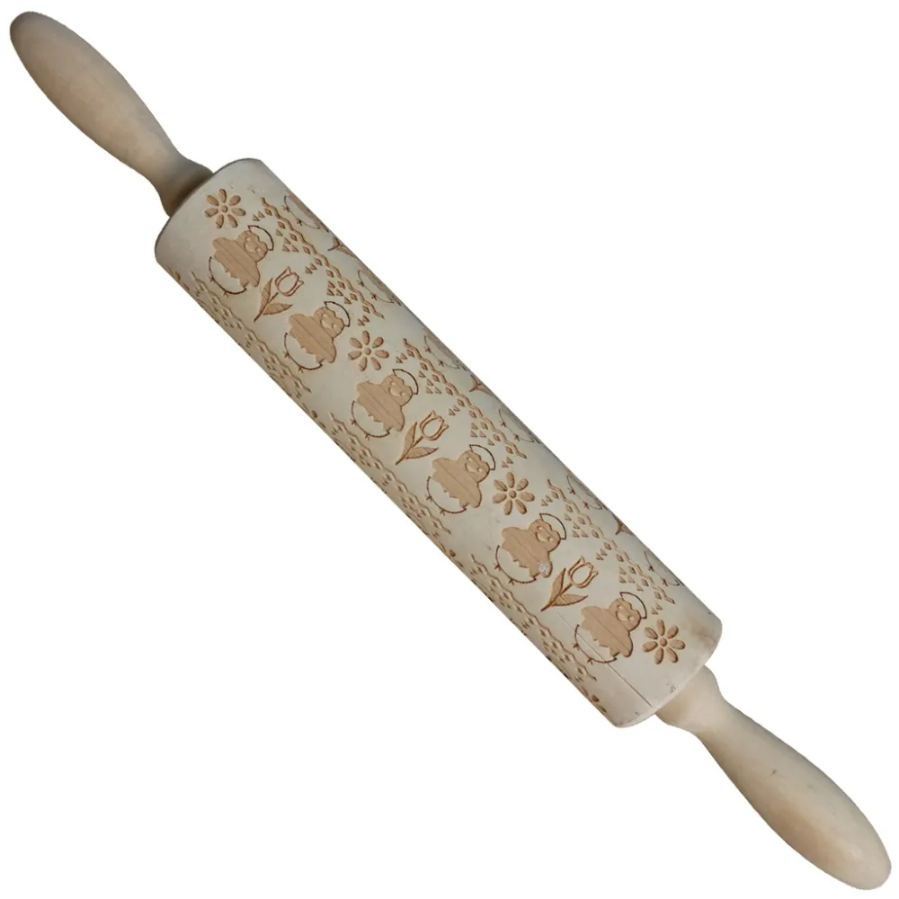 Christmas Embossing Wood Rolling Pins Baking Cookies Noodle Biscuit Fondant Cake Dough Engraved Roller Chicks Rabbit Butterfly