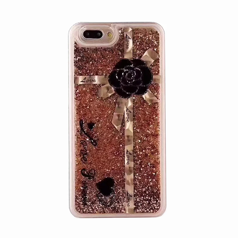 2018 Fashion summer cool luxury camellia flower ribbon gift box package love gold glitter liquid quicksand case cover For Iphone |