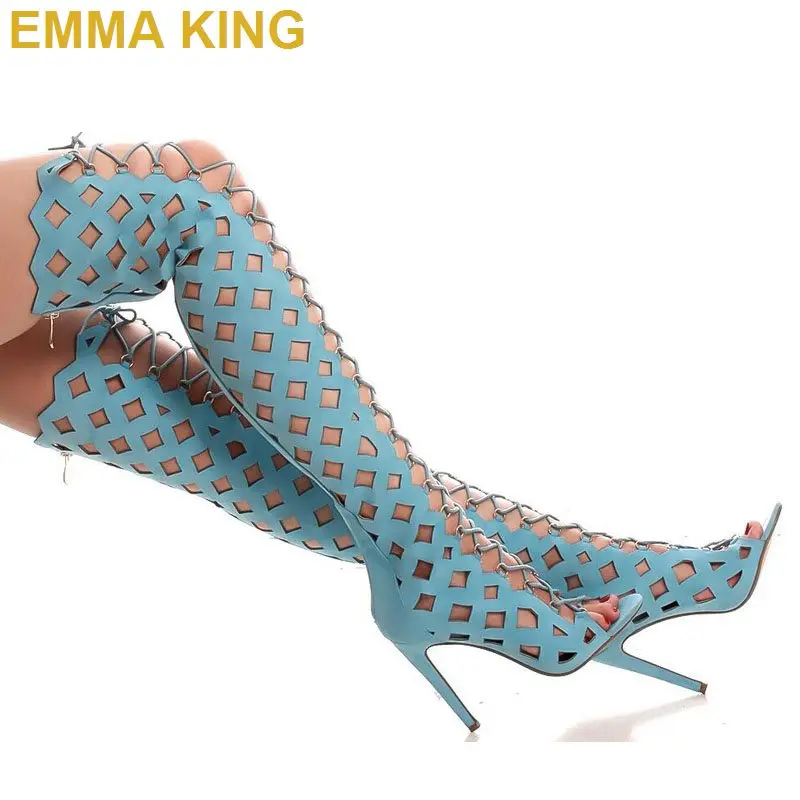 Женские босоножки выше колена синие/черные/красные из искусственной кожи с