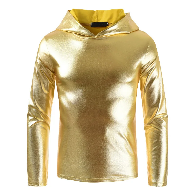 Мужской блестящий топ с капюшоном Клубная одежда яркий однотонный пуловер