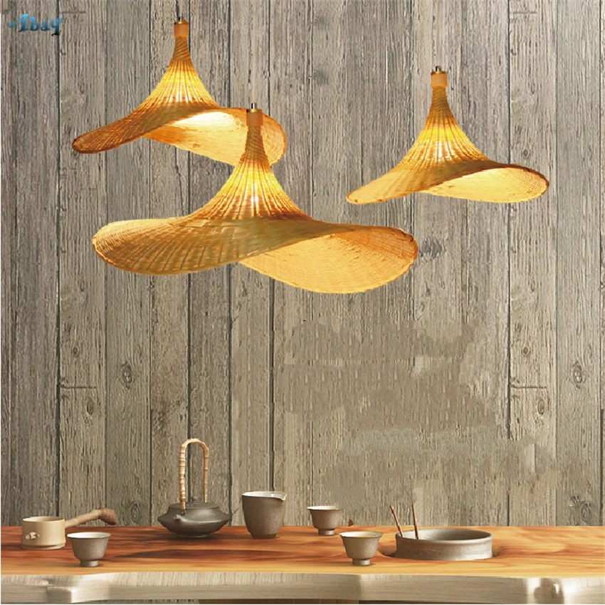 

Chinese Southeast Asian Straw Hat Pendant Lights Handmade Bamboo Living Room Restaurant Table Hanging Lamps Art Deco Fixtures