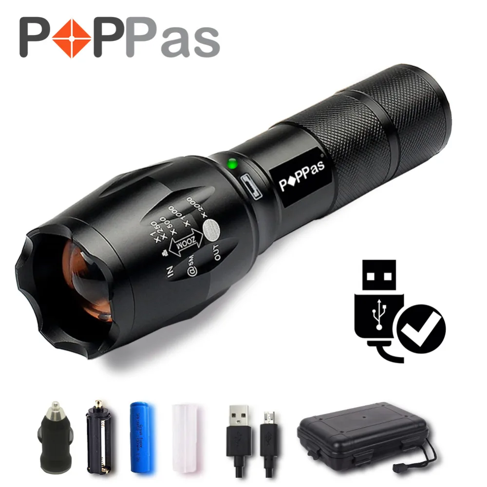 Poppas Micro USB 1300LM CREE XML-T6 L2 чипы фонарик светодиодный Масштабируемые Ультра-яркий