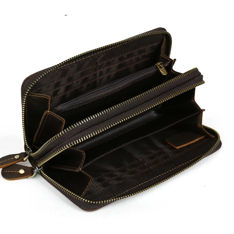 Imported Head Layer Cowhide Both Zipper Men Clutch Wallet Genuine Leather Male Long Purse Vintage Man Notecase PR084009