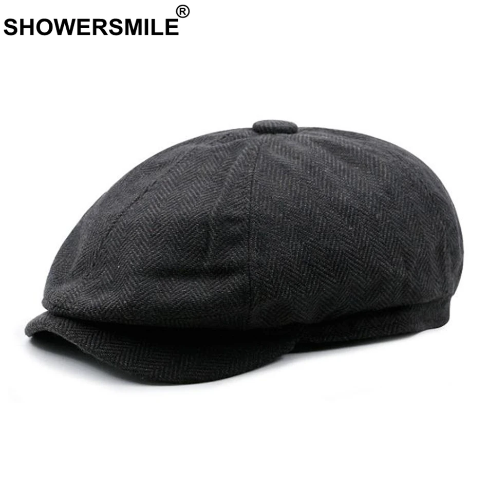 Dark Grey Hat SHOWERSMILE Восьмиугольные шляпы в елочку, мужские винтажные хлопковые кепки Newsboy, мужские классические шапки в британском стиле, осенне-зимние шапки - Цвет: Dark Grey Hat