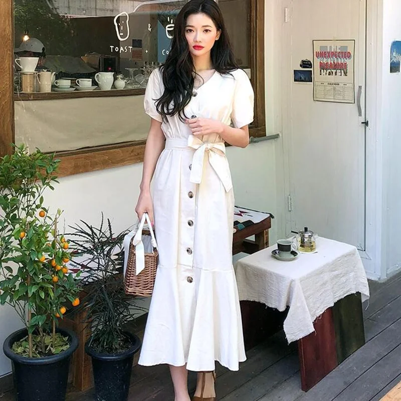 Платье рубашка из хлопка и льна длинное однобортное платье с V образным вырезом