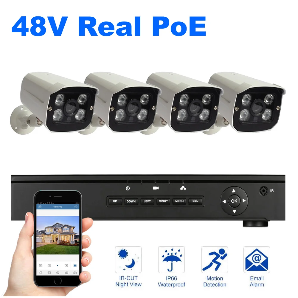 Комплект видеорегистратора POE 4 шт. 1080P 2 МП 48 В | Безопасность и защита