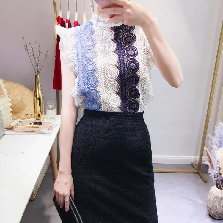 

2019 New Fashion Summer Women's Elegant Carved Hollow Circle Lace Sleeveless Shirt Ladies Vintage Blouse Lace Tops H42