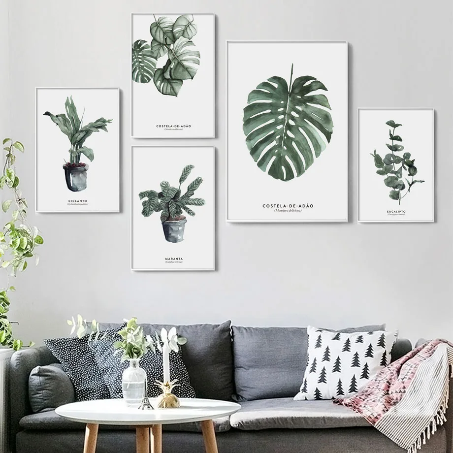 Настенная картина с изображением листьев монстеры маранты в скандинавском
