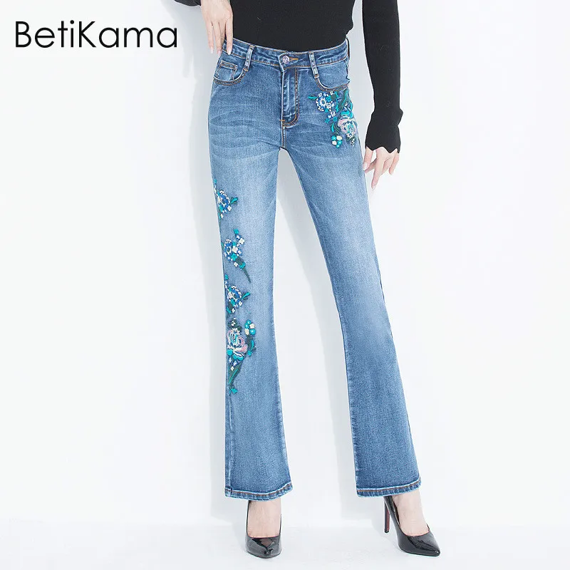BetiKama 2018 Push Up джинсы для женщин стрейч вышивка XS 6XL клеш мама обтягивающие Винтаж