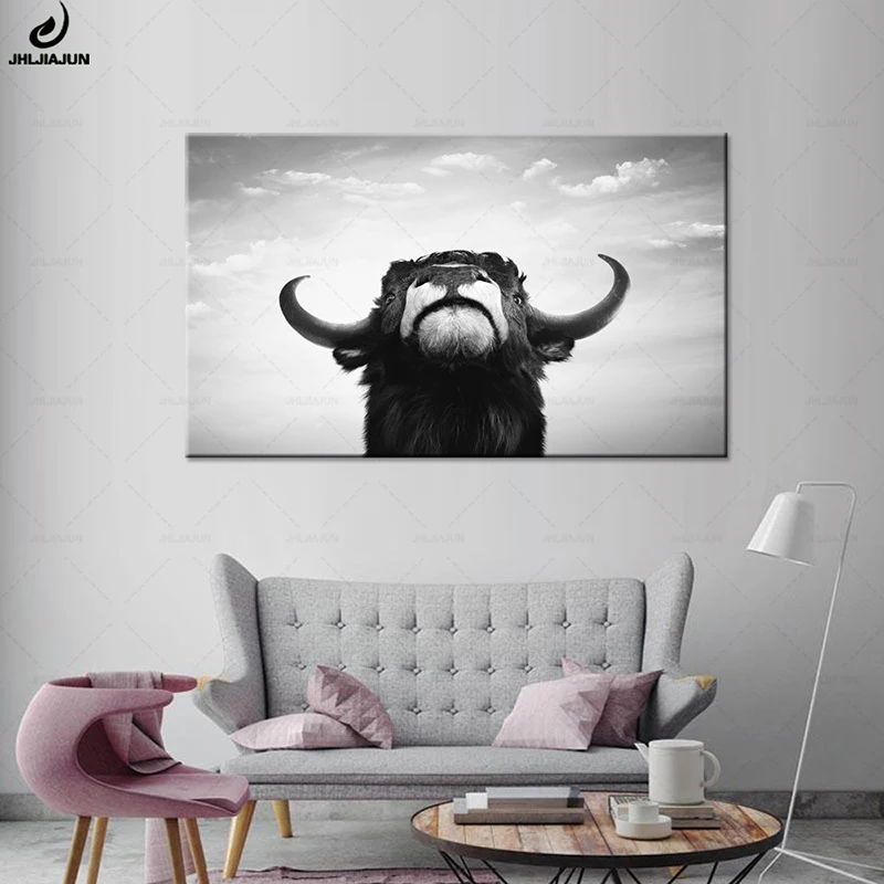

JHLJIAJUN Wall Picture Animals Yak Canvas Painting Poster Wall Art Print Cattle Black White Painting Home Decor For Living Room