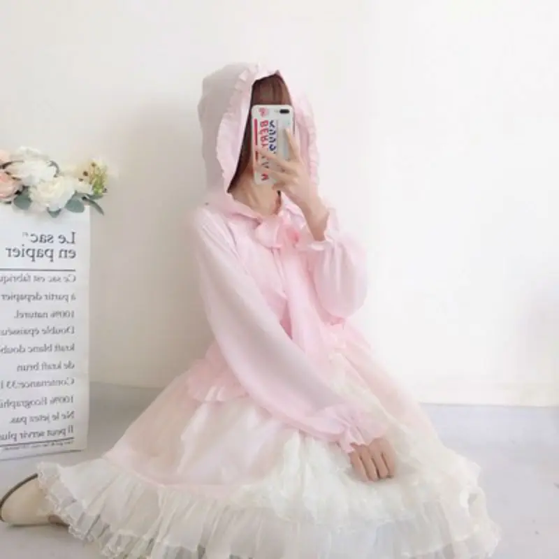 pink coat Японская Лолита платье пальто куртка шифоновая Харадзюку рябь рукав шляпа Coak верхняя одежда Солнцезащитная уличная одежда Кардиган Лолита пальто - Цвет: pink coat