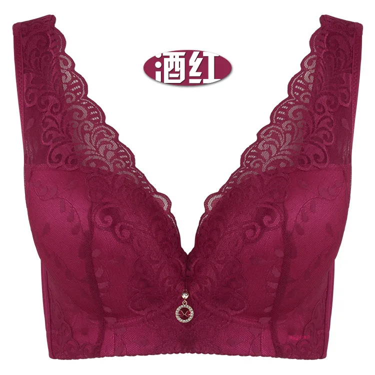 Wine Red Сексуальный кружевной бюстгальтер с большой чашкой для женщин, беспроводной регулируемый бюстгальтер с пуш-ап, бюстгальтер Sutia размера плюс из бамбукового волокна 95 90 100 C D E - Цвет: Wine Red