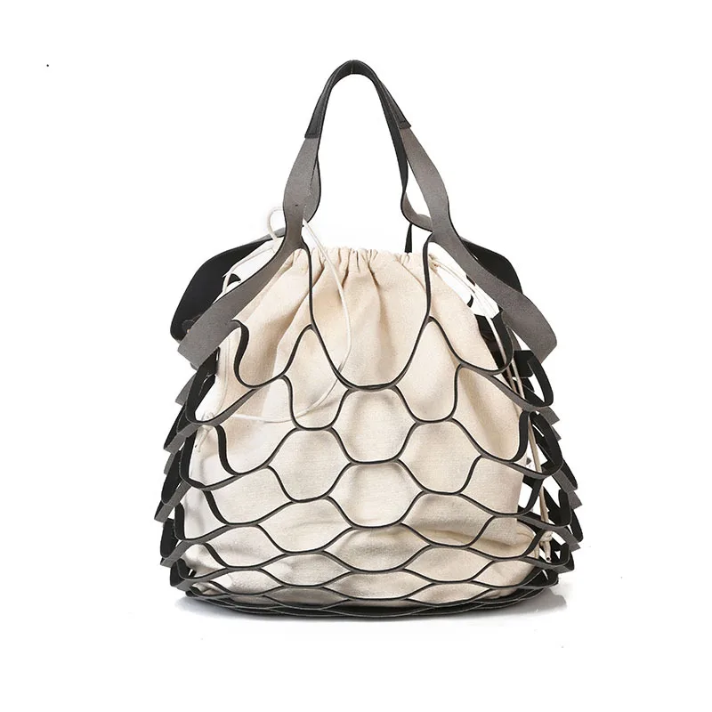 

New Women Hollow Out Shoulder Bag Fashion Quality Pu Leather Ladies Mesh Handbags Summer Casual Beach Travel Composite Beach Bag