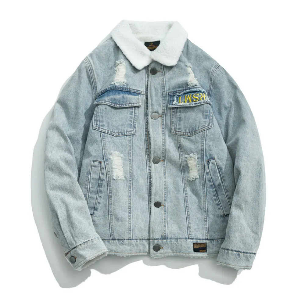 Для мужчин s шерпа выстроились джинсовая куртка грузовика хип поп рваные карманы