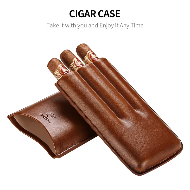 COHIBA гаджеты коричневый кожаный портсигар держатель Чехол 3 трубки для путешествий, сигара случае Humidor Подарочная коробка CF-0402