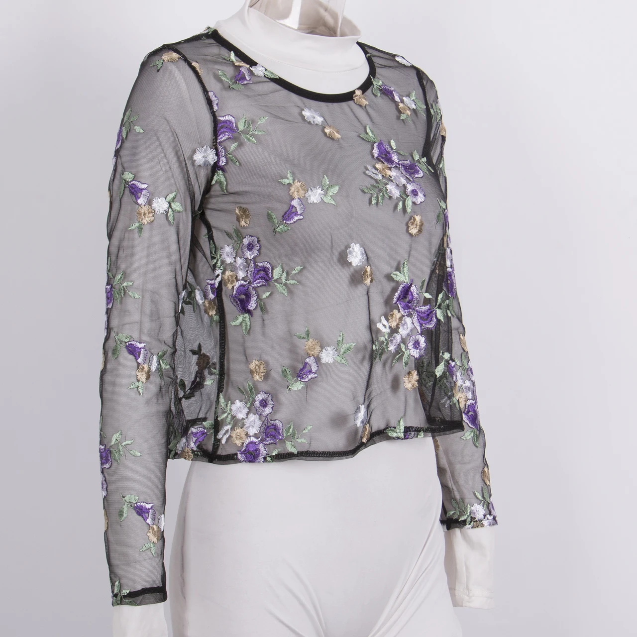 Блузка женская прозрачная с длинным рукавом и цветочной вышивкой|blouse brand|brand blousesee