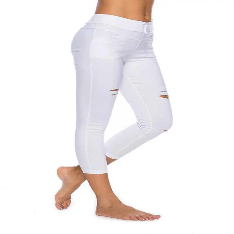 Эластичные длинные спортивные повседневные штаны с дырками модные облегающие