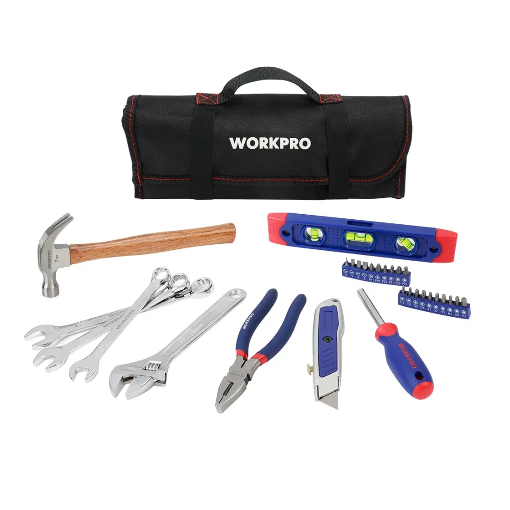 WORKPRO 29 шт. набор инструментов для дома, метрические ручные инструменты, плоскогубцы, нож, отвертка, гаечный ключ, молоток, метрические инструменты, сумка для рулона