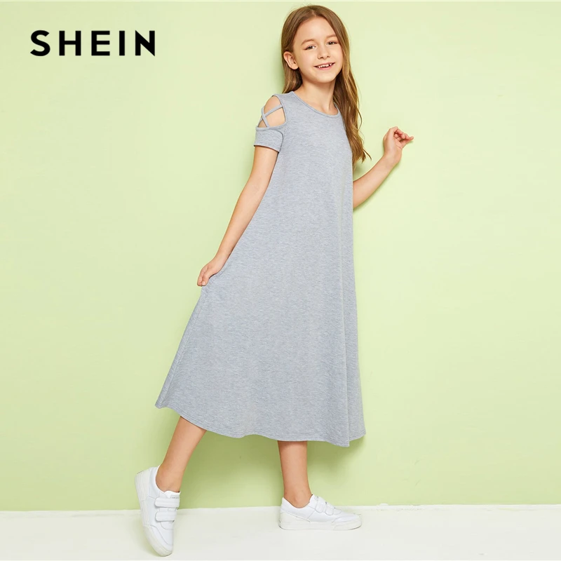 SHEIN/однотонное Повседневное платье с открытыми плечами и перекрещивающимися крест-накрест для детей; коллекция года; летние эластичные детские футболки с короткими рукавами